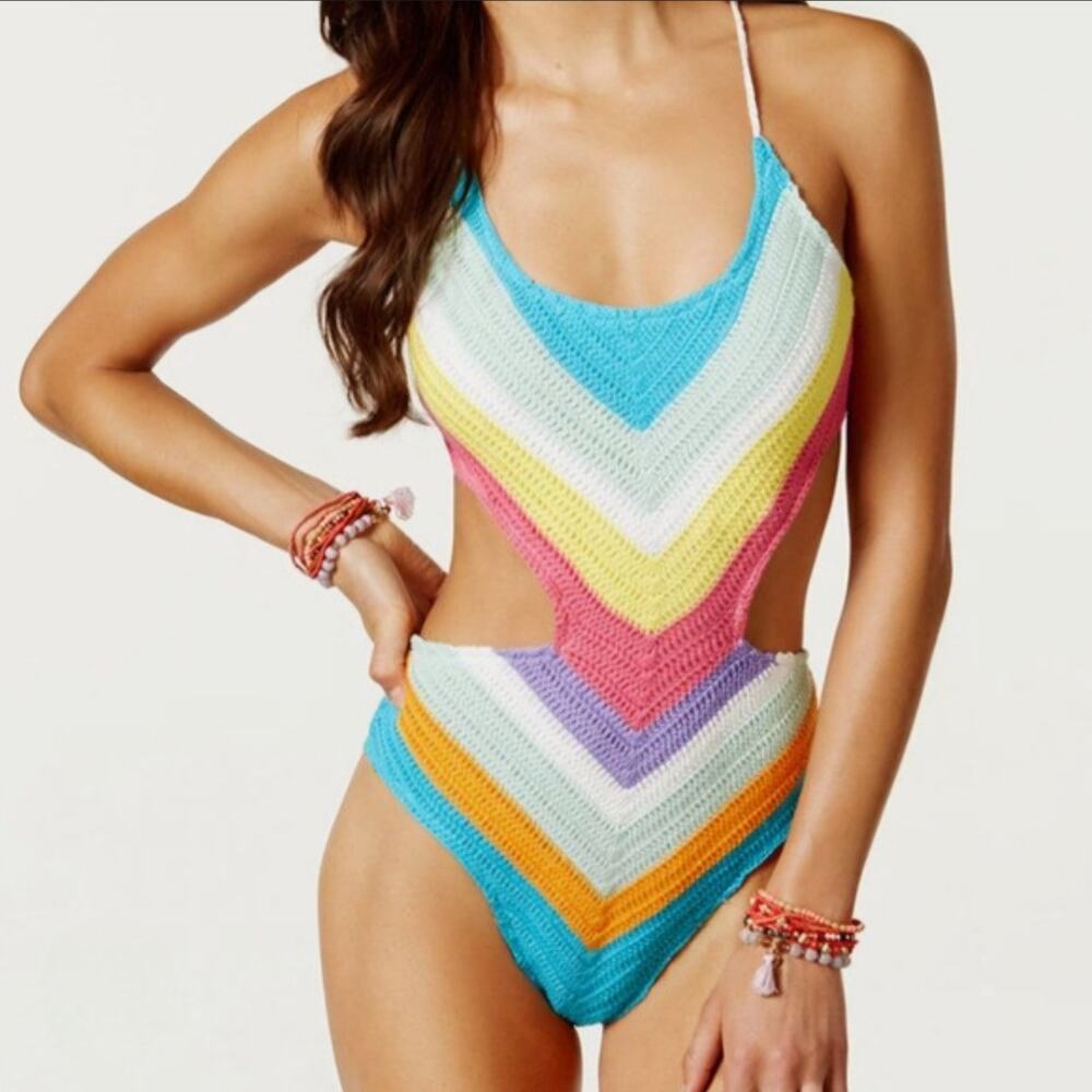Bar III Womens XL‎ Crochet Monokini Cut Out One Piece Boho Swim Multicolor